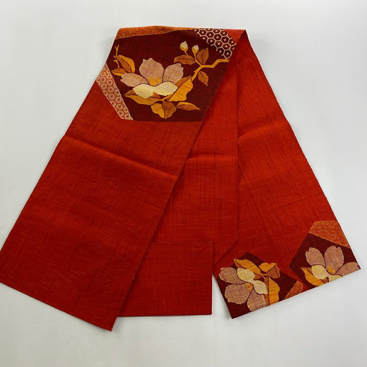【美品】 名古屋帶 優品級 松樹葉仕立 八寸名古屋帶 草花紋紋 青海波 紅 純蠶絲
