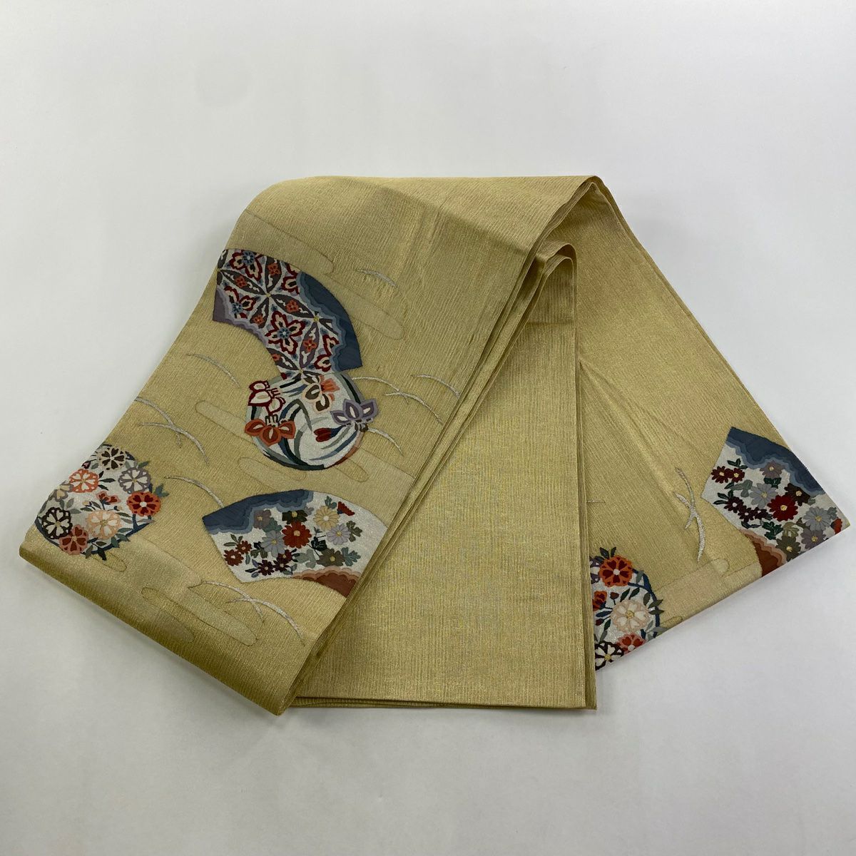 袋帶 秀品級 夏帶 草花紋紋 扇子面 金銀彩 金 純蠶絲