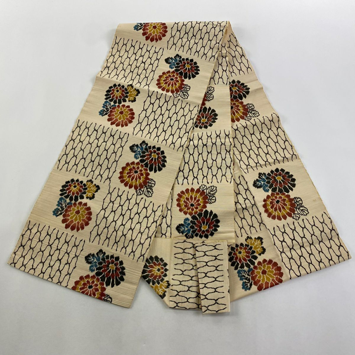 名古屋帶 秀品級 八寸名古屋帶 松樹葉仕立 菊花 網目 米色 純蠶絲