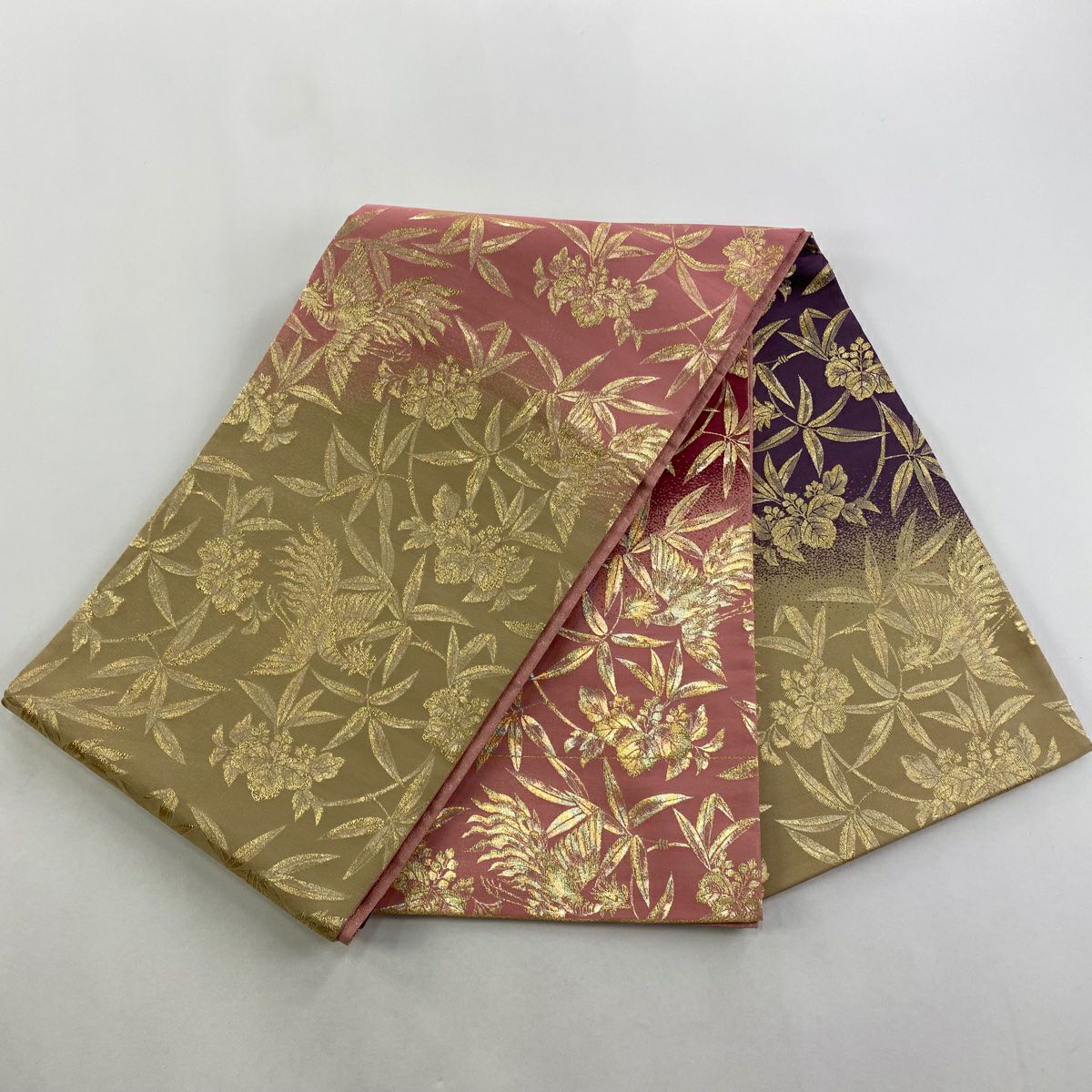 【美品】 袋帶 秀品級 關西仕立 草花紋紋 鳥 金絲 粉紅 全通 純蠶絲