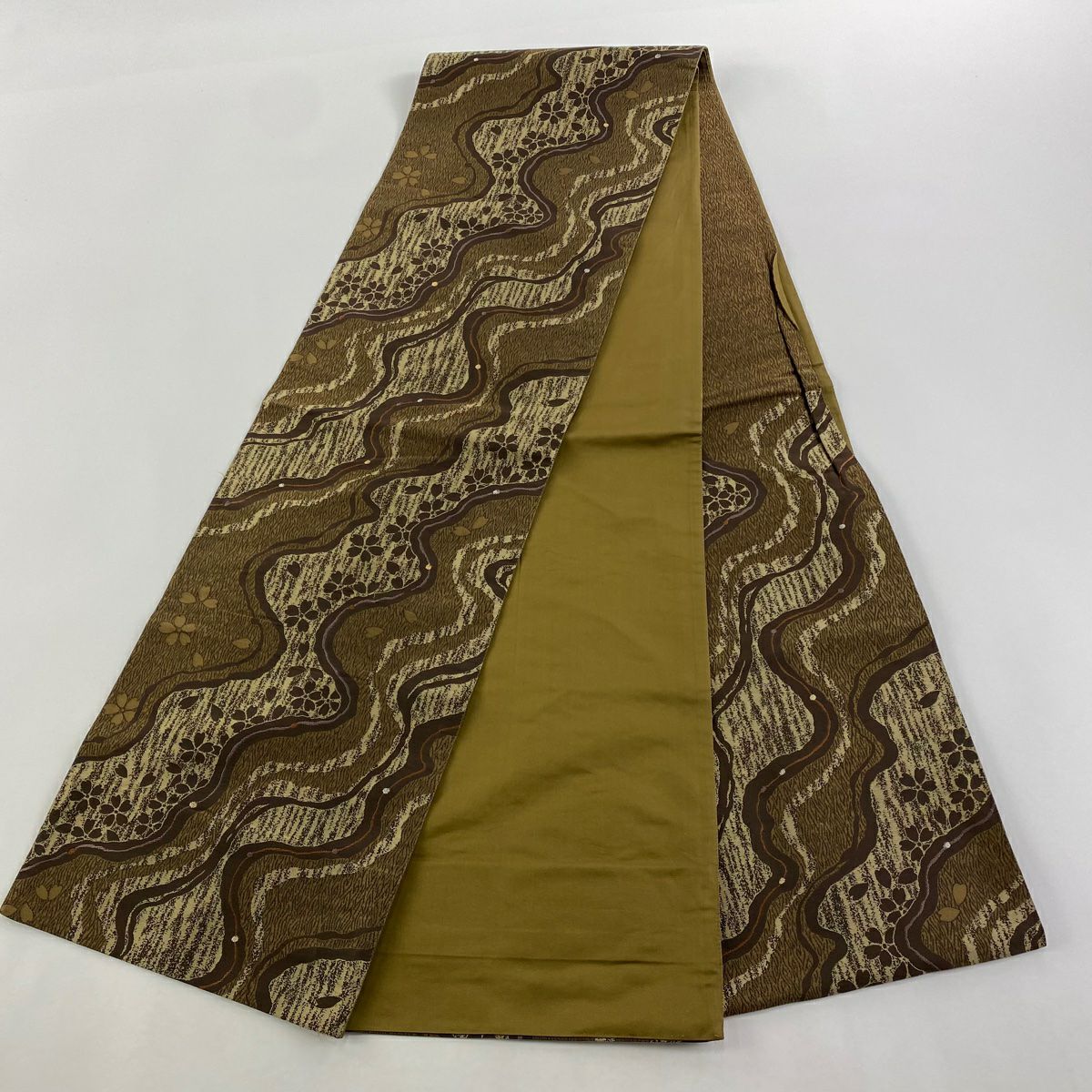 袋帶 秀品級 櫻花 幾何圖案 刺繡 金銀線 茶 六通 純蠶絲