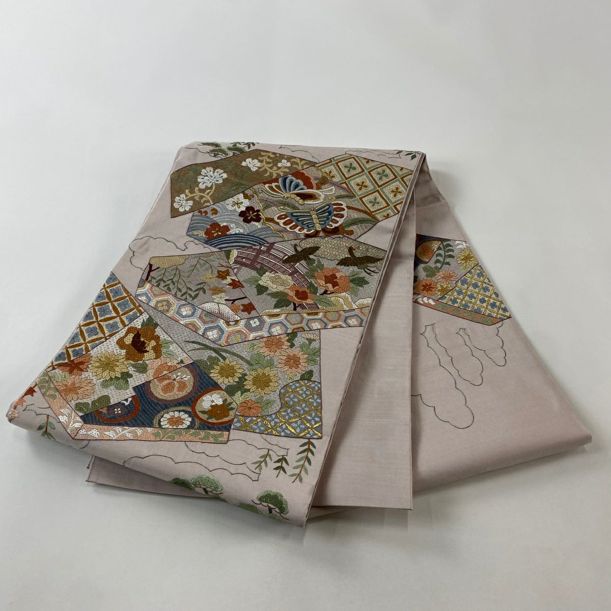 【庫存清倉】 袋帶 名品級 花鳥 有職紋樣 金銀彩 刺繡 粉米色 大鼓圖案 純蠶絲