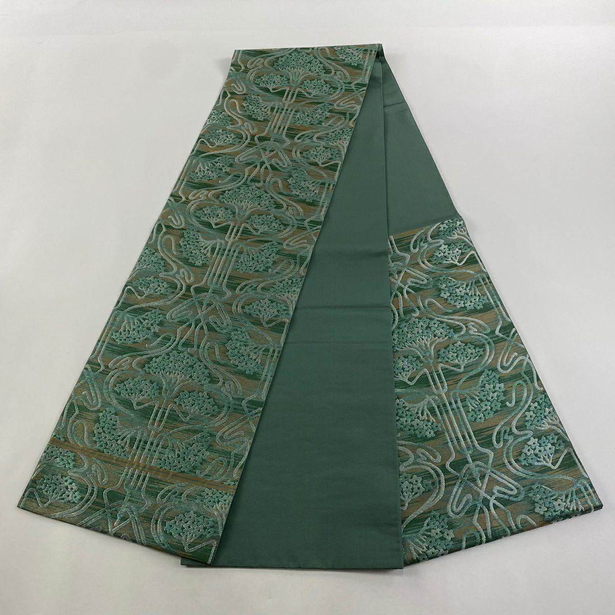 袋帶 逸品級 川島織物 落款 草花紋 幾何圖案 金銀線 金金箔 綠 六通 純蠶絲
