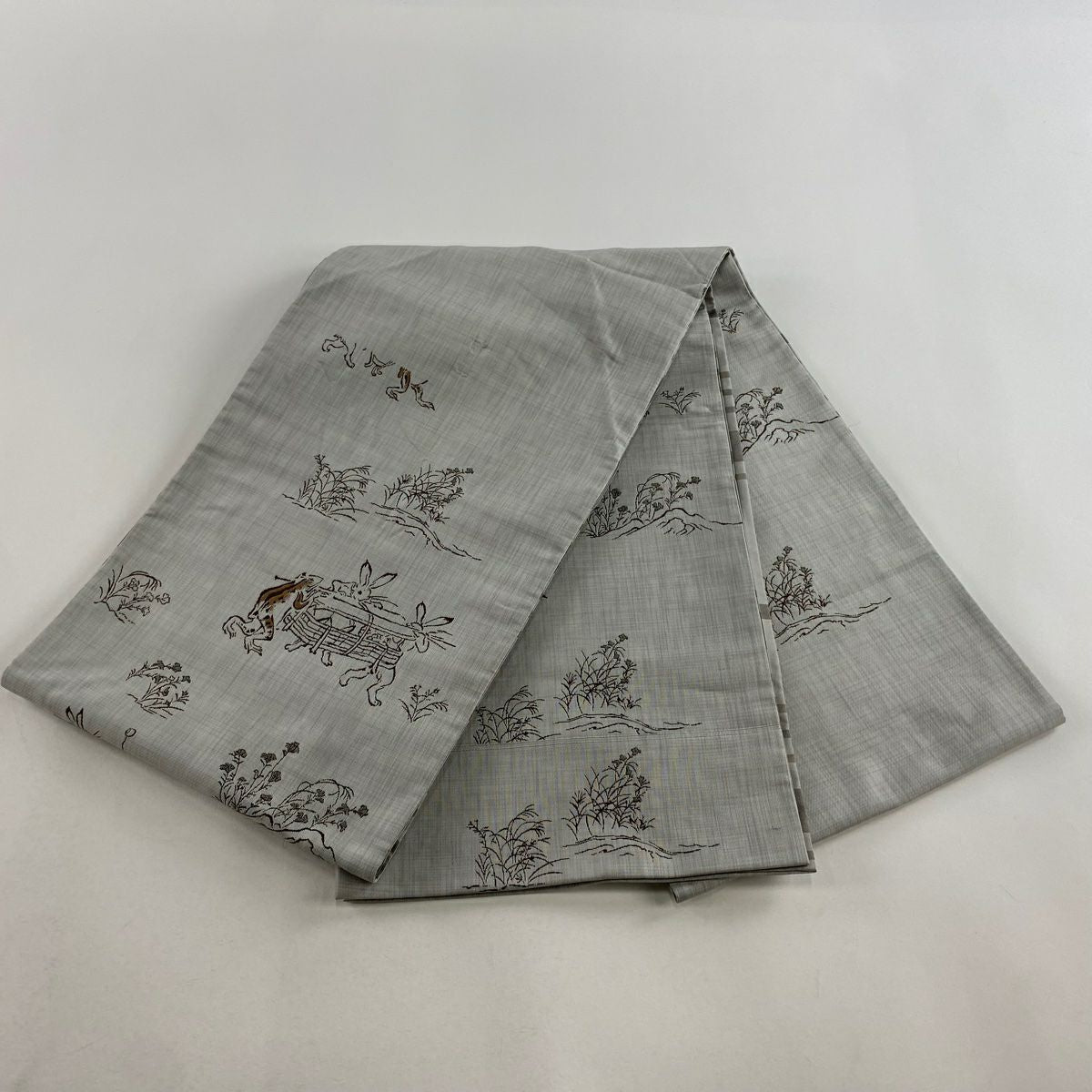 袋帶 逸品級 紬織織 鳥獸戲畫 灰色 大鼓圖案 純蠶絲