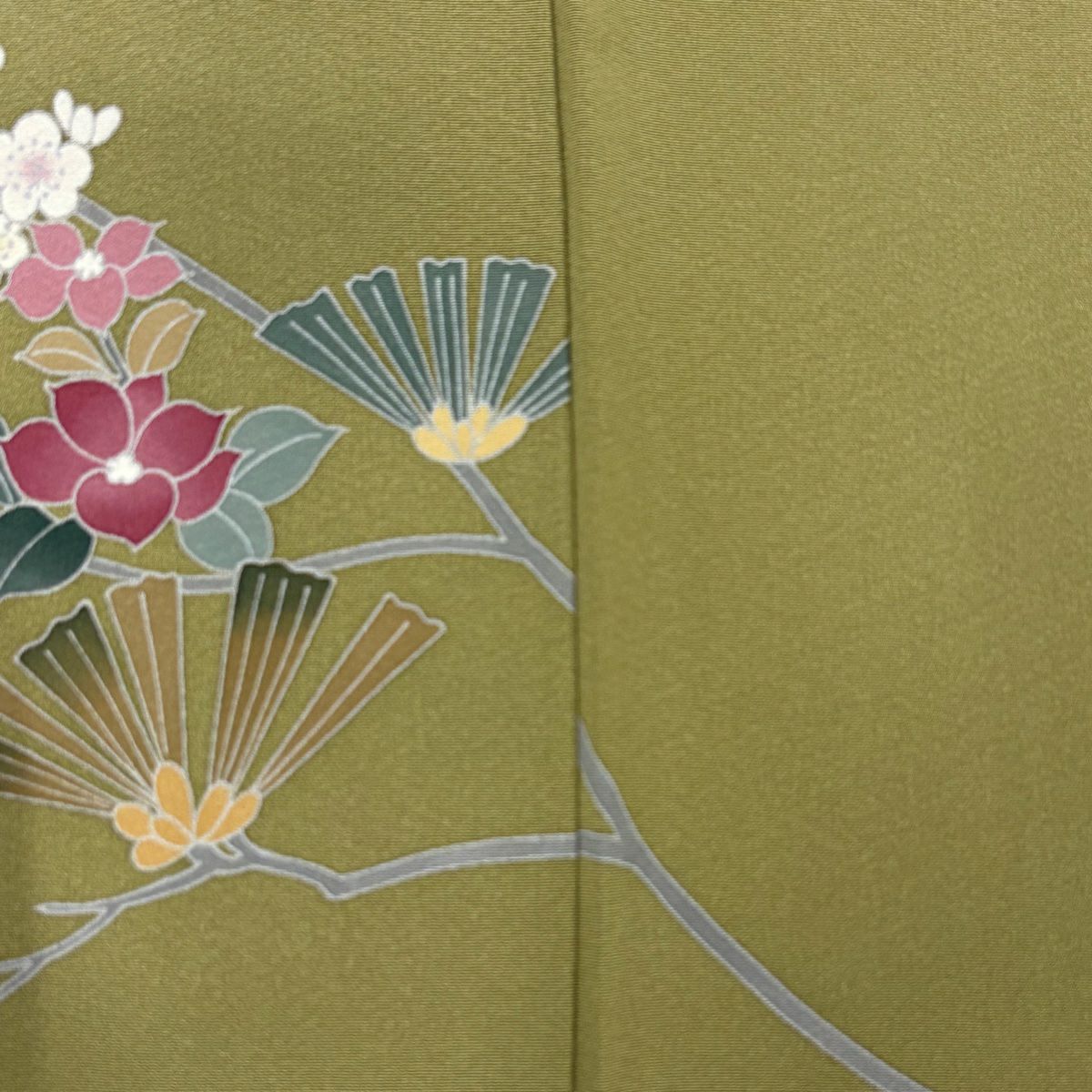 訪問服 身長156.5cm 袖長62.5cm S 雙層 落款有 松樹 梅花 漸層 灰綠 純蠶絲 優品級