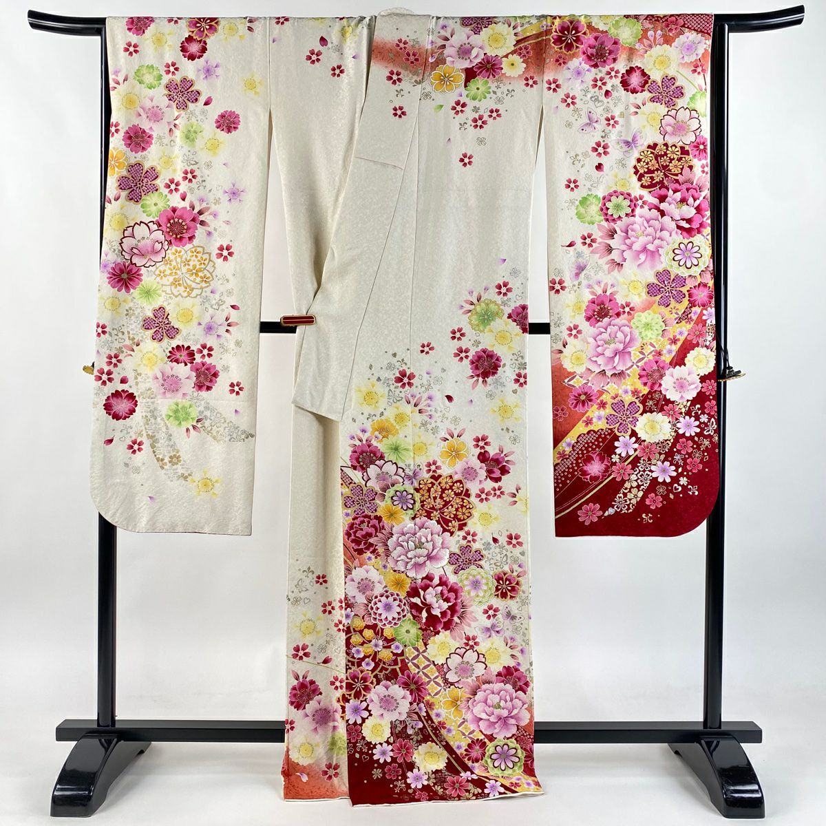 振袖禮服 身長168.5cm 袖長68cm L 雙層 牡丹 菊花 金銀彩 刺繡 奶油色 純蠶絲 逸品級