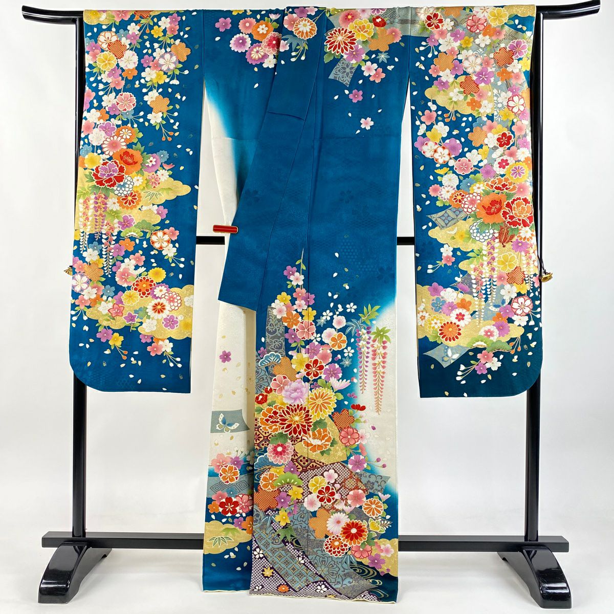 振袖禮服 身長167cm 袖長67cm M 雙層 菊花 扇子面 金銀彩 綠 純蠶絲 逸品級