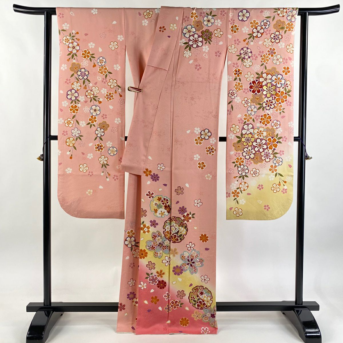 【美品】振袖禮服 身長167cm 袖長66cm M 雙層 雪輪 櫻花 金絲 金銀彩 粉紅 純蠶絲 逸品級