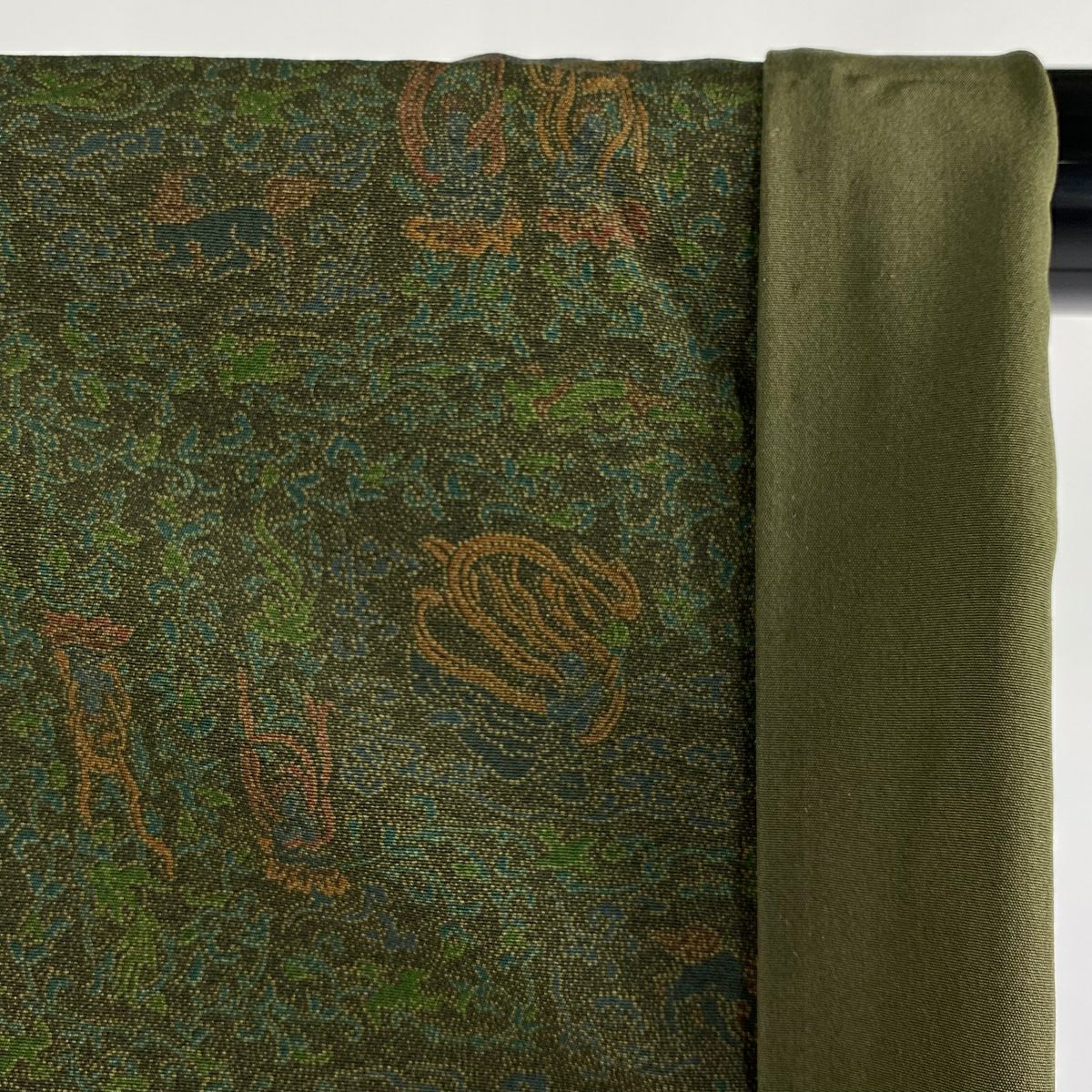 【美品】 江戶小紋 身長164cm 袖長64.5cm M 雙層 天女 獅子 茶綠 純蠶絲 逸品級