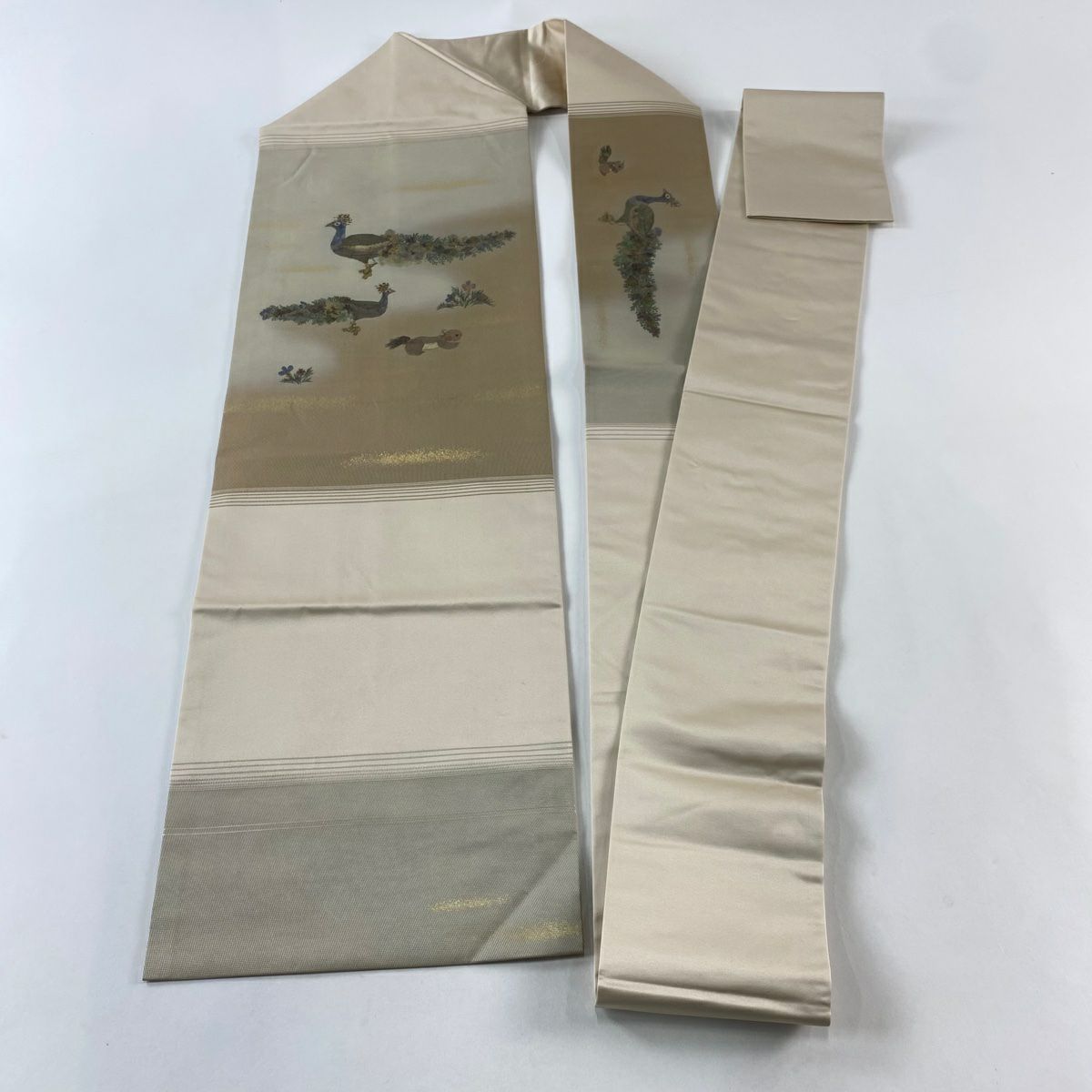 【庫存清倉】 名古屋帶 名品級 證書齊全 花香織 孔雀 草花紋紋 金金箔 金銀彩 淺茶 純蠶絲