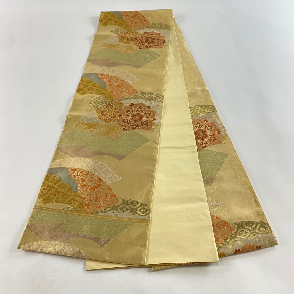 【庫存清倉】 袋帶 名品級 川島織物 附落款 扇子面 華紋 金絲 金金箔 金色 六通 純蠶絲