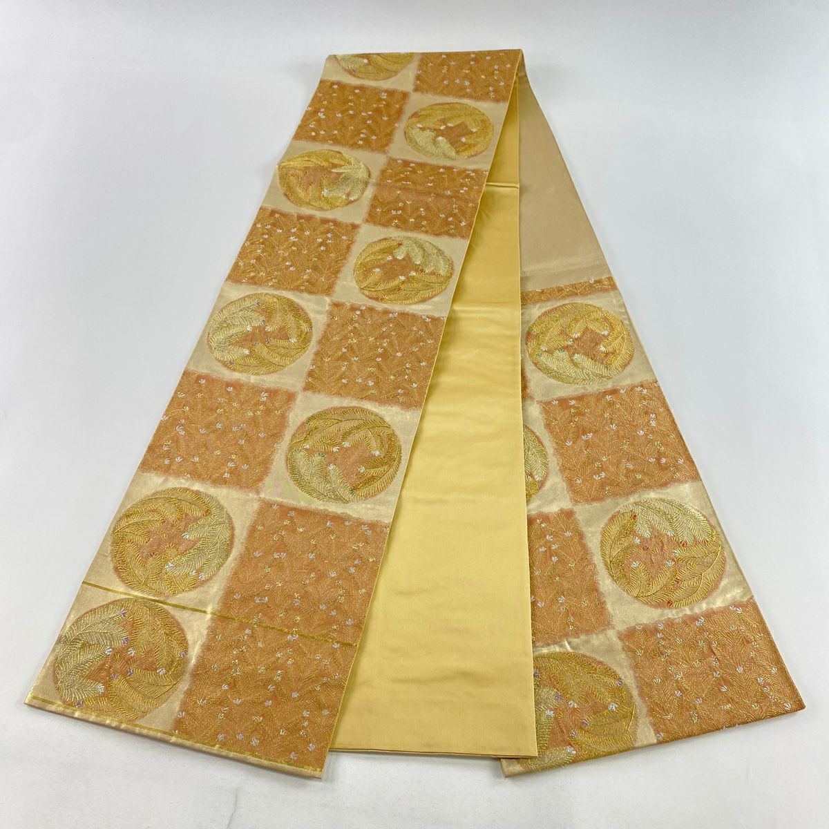 【美品】 袋帶 秀品級 關西仕立 若松樹 市松樹 金絲 金金箔 金色 六通 純蠶絲