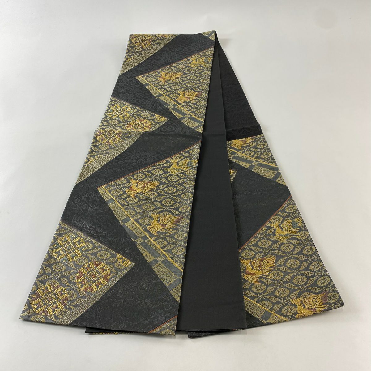 【美品】 袋帶 秀品級 鳳凰 浮線綾文 金金箔 金絲 灰色 六通 純蠶絲
