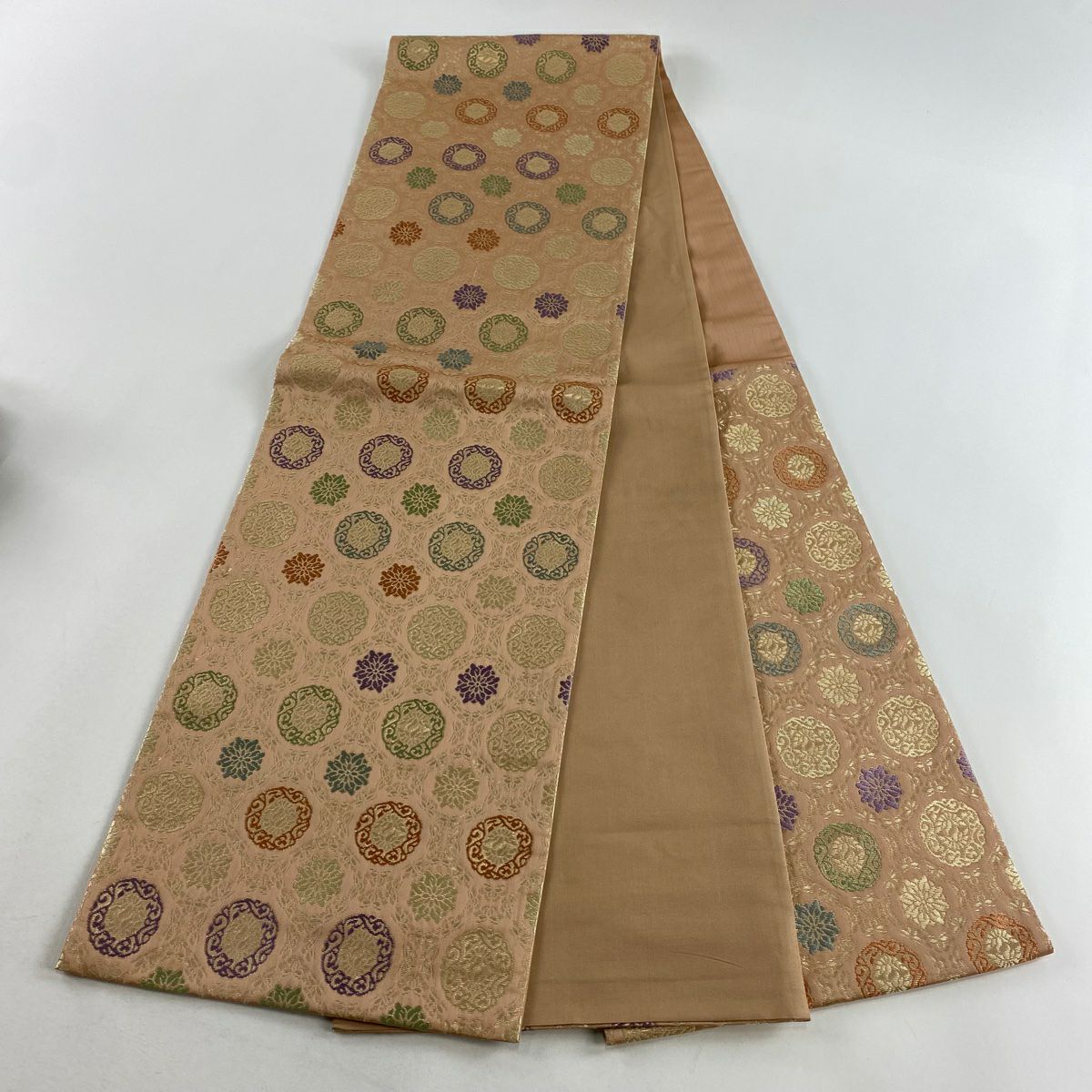 【美品】 袋帶 秀品級 花 金金箔 粉米色 六通 純蠶絲