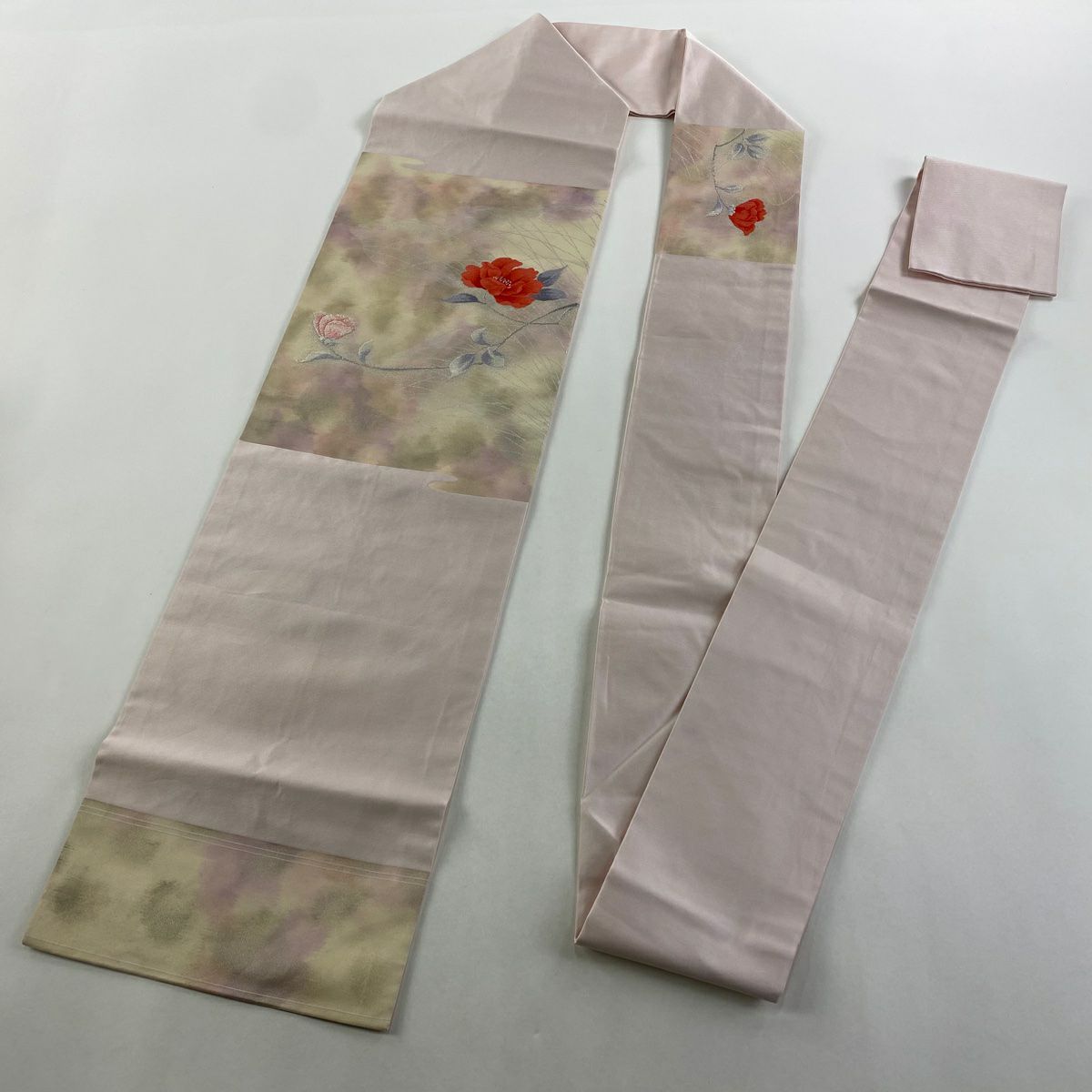 名古屋帶 優品級 關西仕立 枝花 芝 刺繡 銀線 米色 純蠶絲