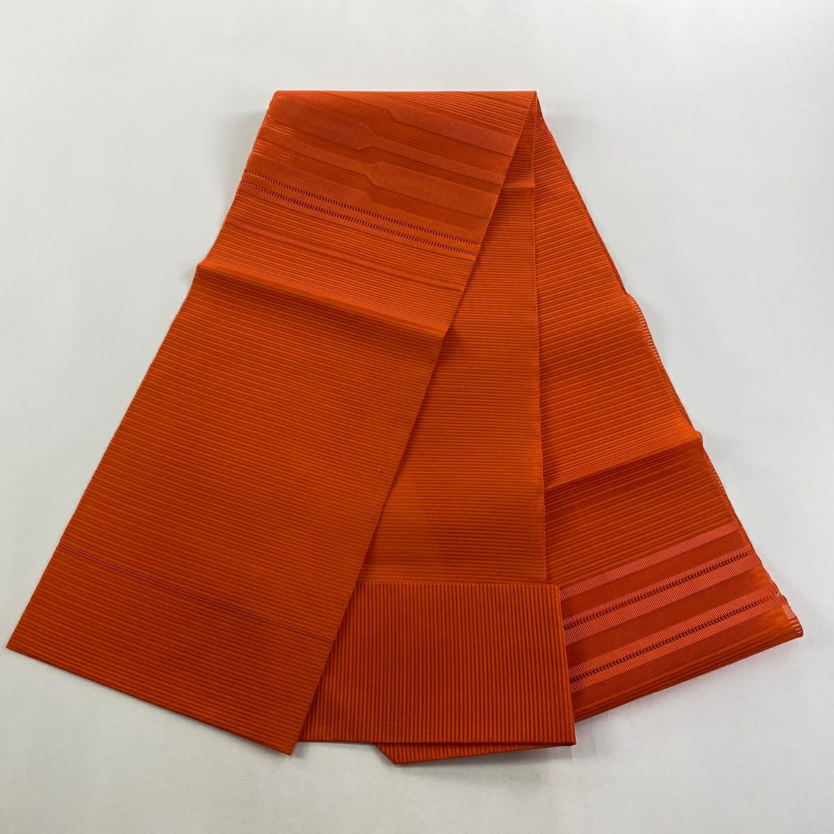 【美品】名古屋帶 優品級 夏帶 八寸名古屋帶 絽 松樹葉裁縫 幾何學圖案 縞 橙色 純蠶絲