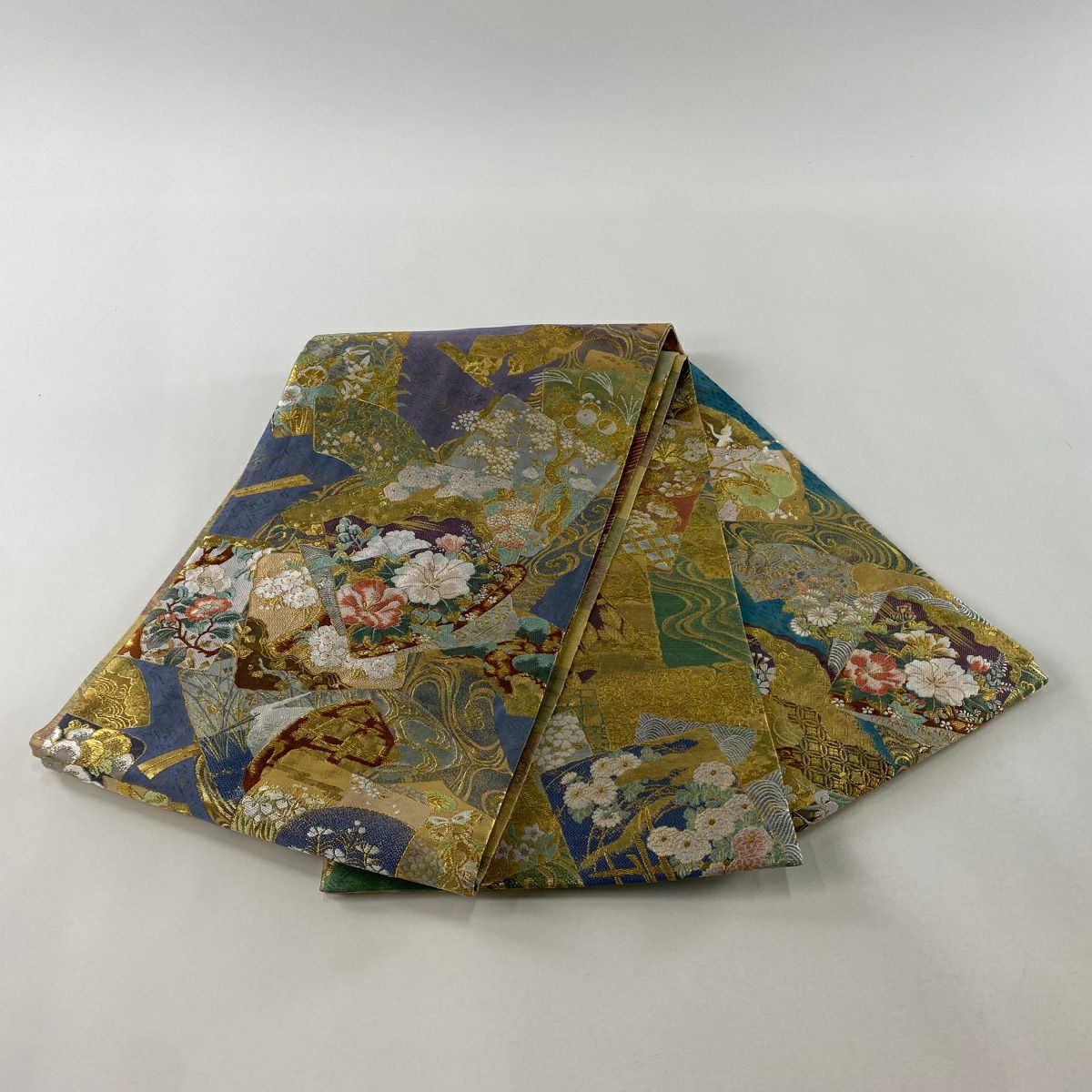 【美品】 袋帶 逸品級 京琳派色紙取文 金糸 金金箔 青灰 純蠶絲