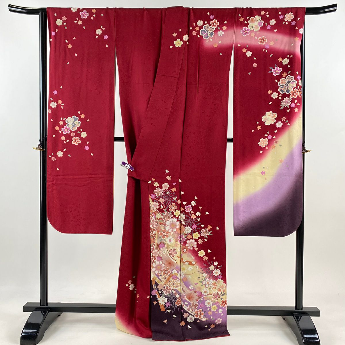 【美品】振袖禮服 身長169.5cm 袖長66.5cm M 雙層 誰袖 草花紋紋 金銀彩 紅 純蠶絲 逸品級