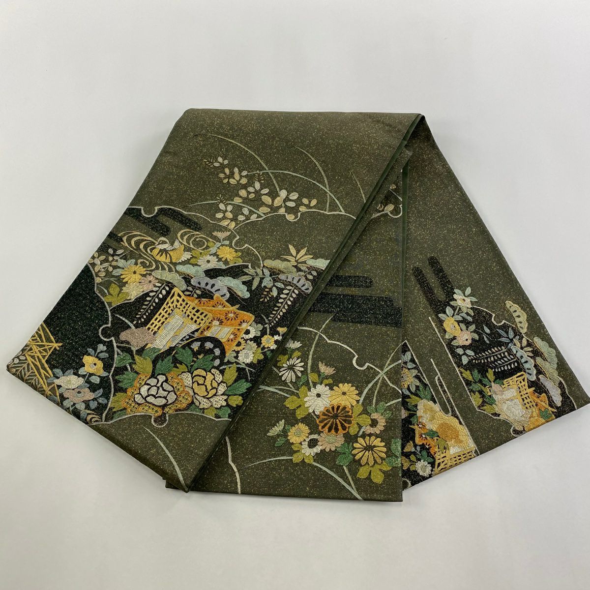 【庫存清倉】 【美品】 袋帶 名品級 御所車 草花紋 金絲 金銀彩 茶綠 深藍色 正蠶絲