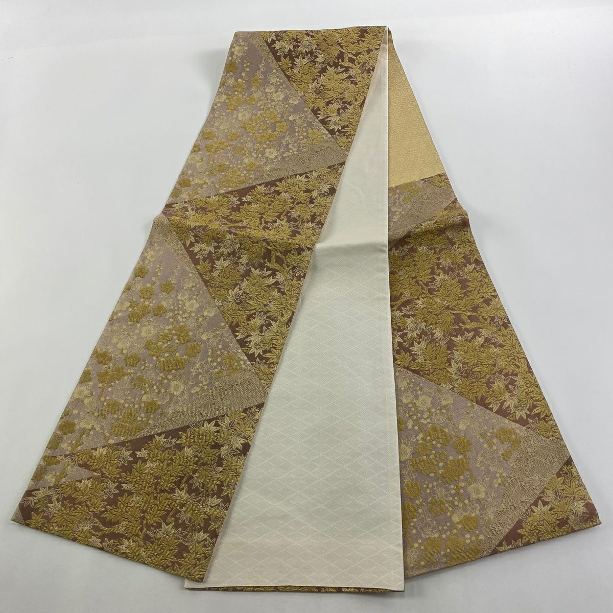 【庫存清倉】 【美品】 袋帶 名品級 楓梅花 金絲 淺粉色 六通 純蠶絲