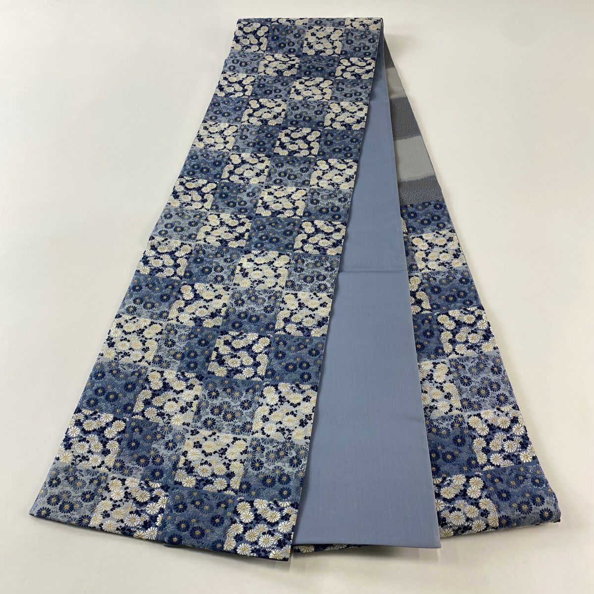 袋帶 逸品級 ますいわ屋 菊花 市松樹 青灰 純蠶絲