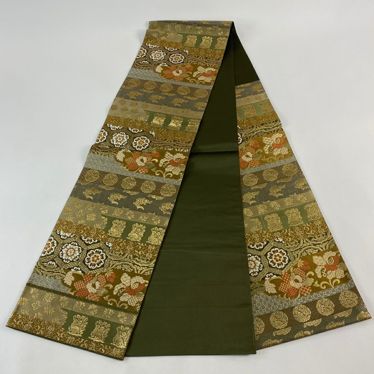 【美品】 袋帶 逸品級 川島織物 落款あり 關西仕立 名物裂文樣 金金箔 山吹茶 六通 純蠶絲
