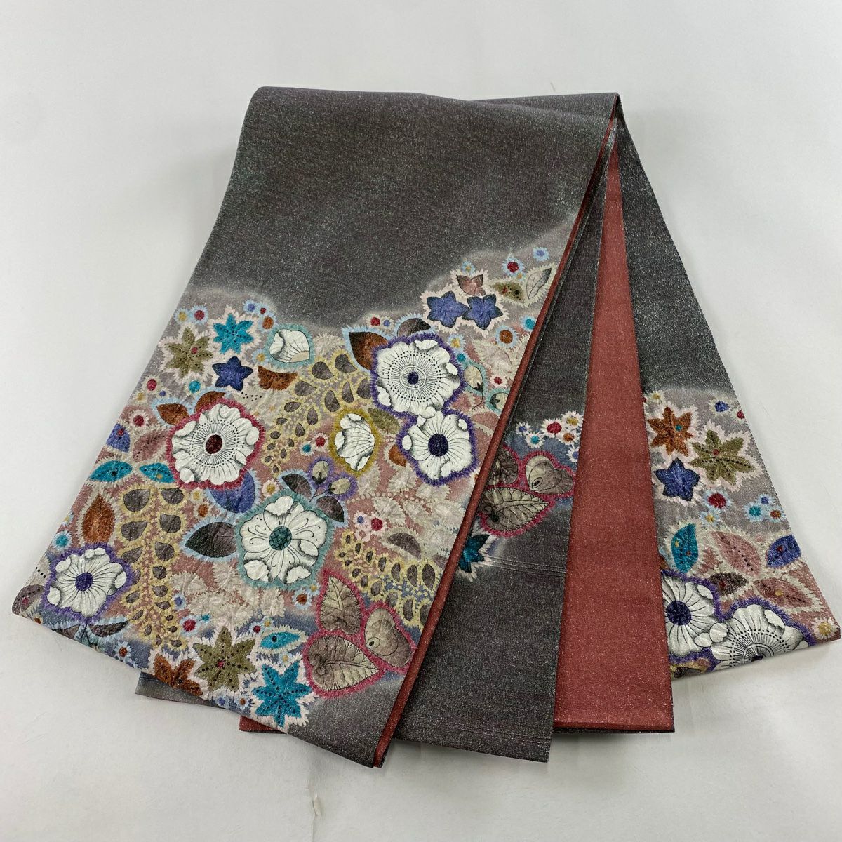 【庫存清倉】 【美品】 袋帶 名品級 辻花染 銀通 灰紫 お太鼓圖案 純蠶絲