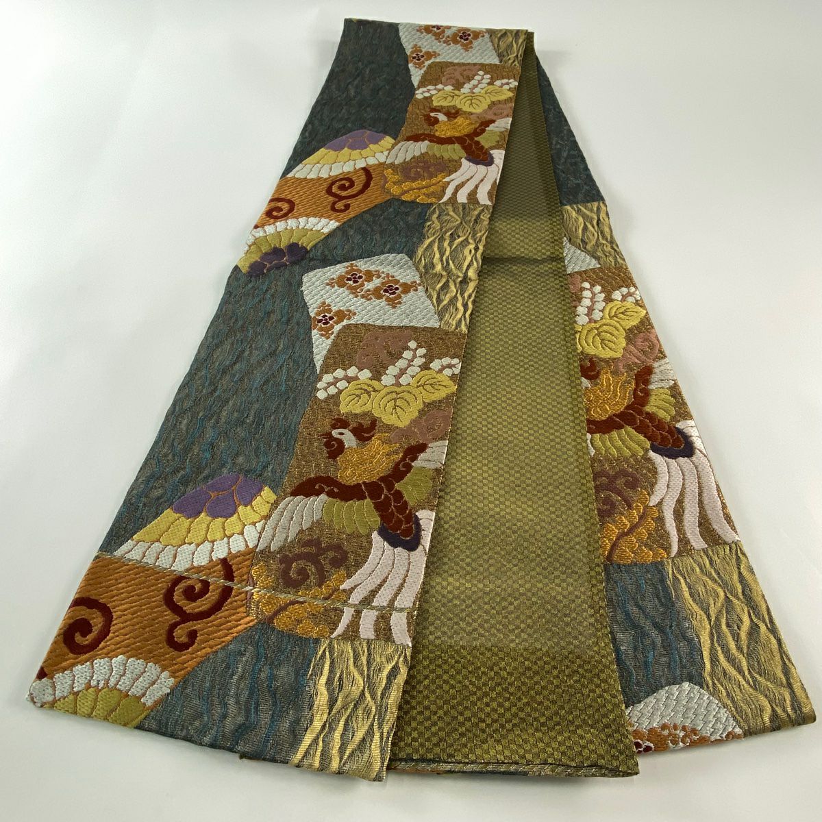 【庫存清倉】 【美品】 袋帶 名品級 鳥 桐 刺繡 金銀彩 深藍 六通 純蠶絲