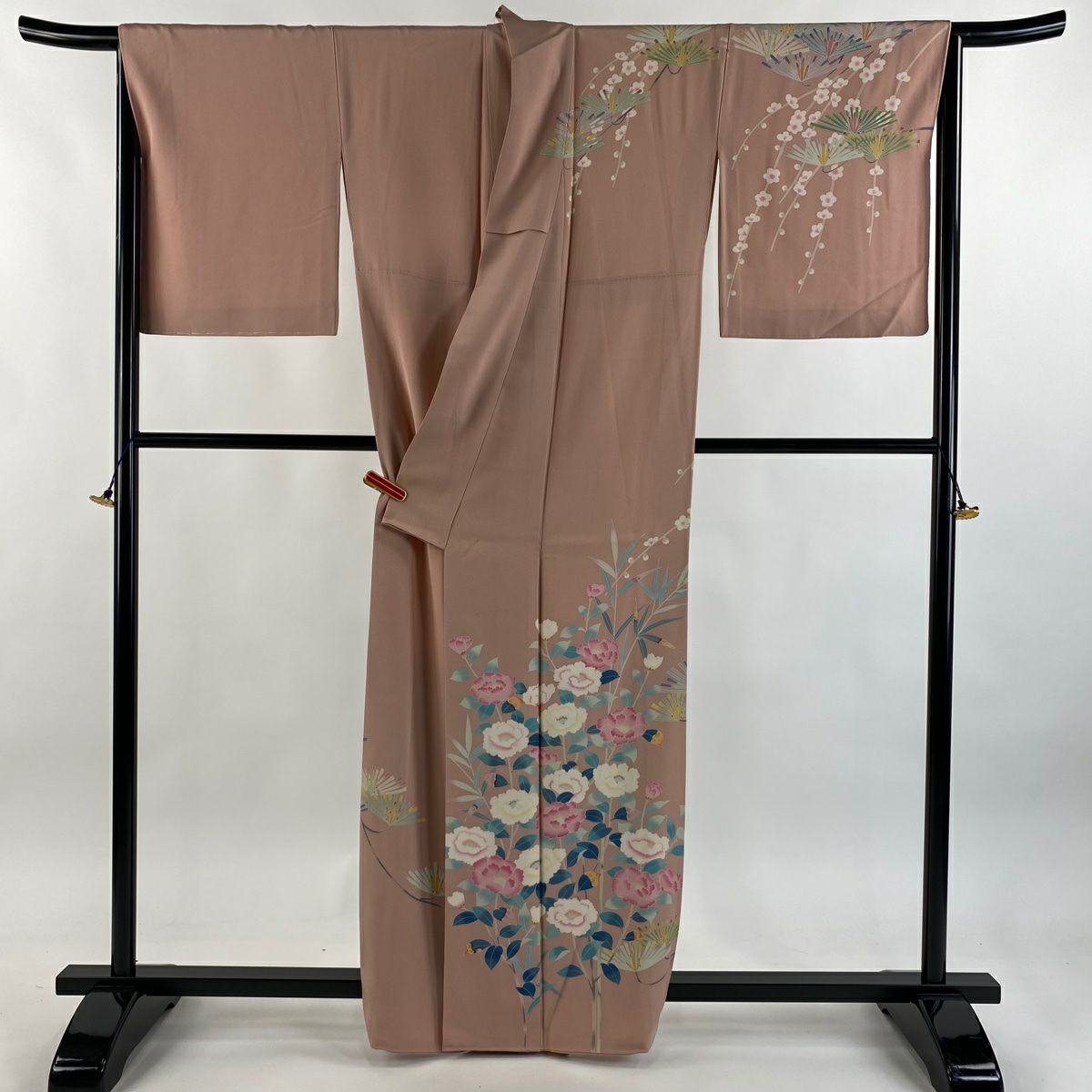 訪問服 身長160.5cm 袖長67cm M 雙層 落款あり 枝花 若松樹 粉紅 純蠶絲 逸品級