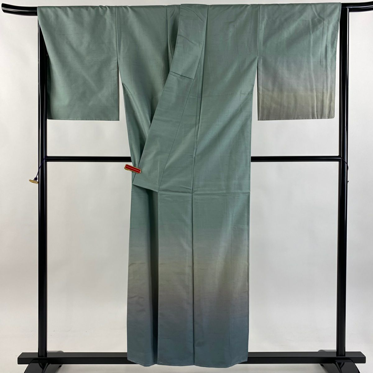 【美品】 付下 身長155cm 袖長65.5cm M 雙層 牛首紬織織 落款あり 證書あり 漸層圖案 淺綠 純蠶絲 逸品級 一個紋