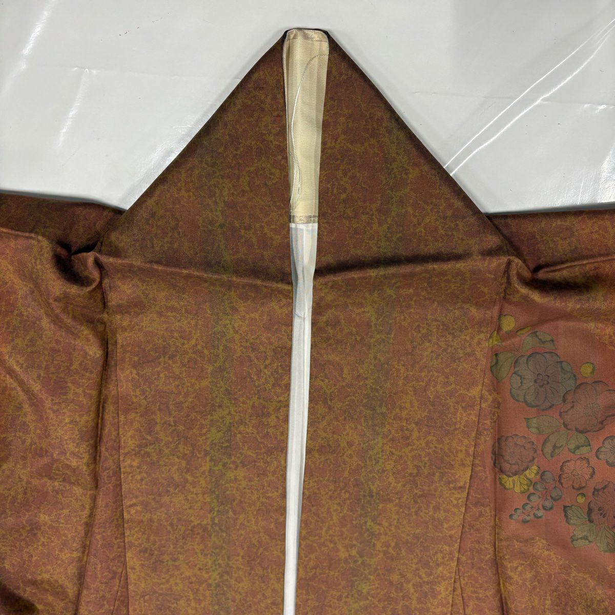 【美品】 付下 身長154.5cm 袖長63.5cm S 雙層 紬織織 落款あり 辻花染 縱條 紅茶 純蠶絲 秀品級