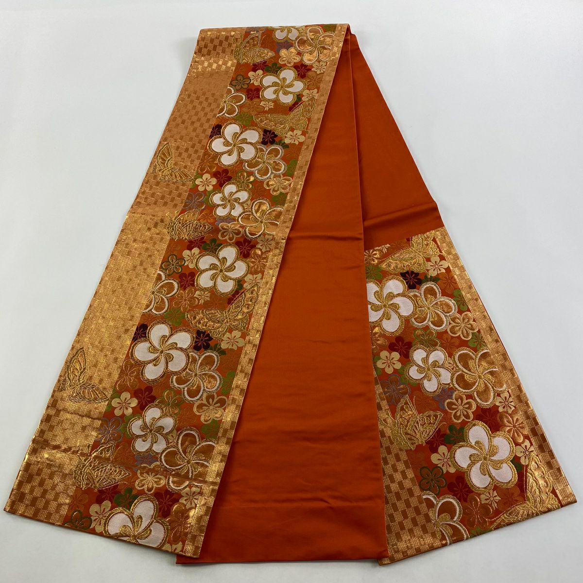 【美品】 袋帶 秀品級 旋梅花 蝴蝶 金絲 金金箔 朱紅 六通 純蠶絲