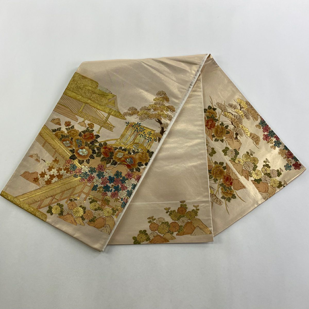 袋帶 優品級 草花紋紋 御所車 螺鈿 金金箔 金色 大鼓圖案 純蠶絲