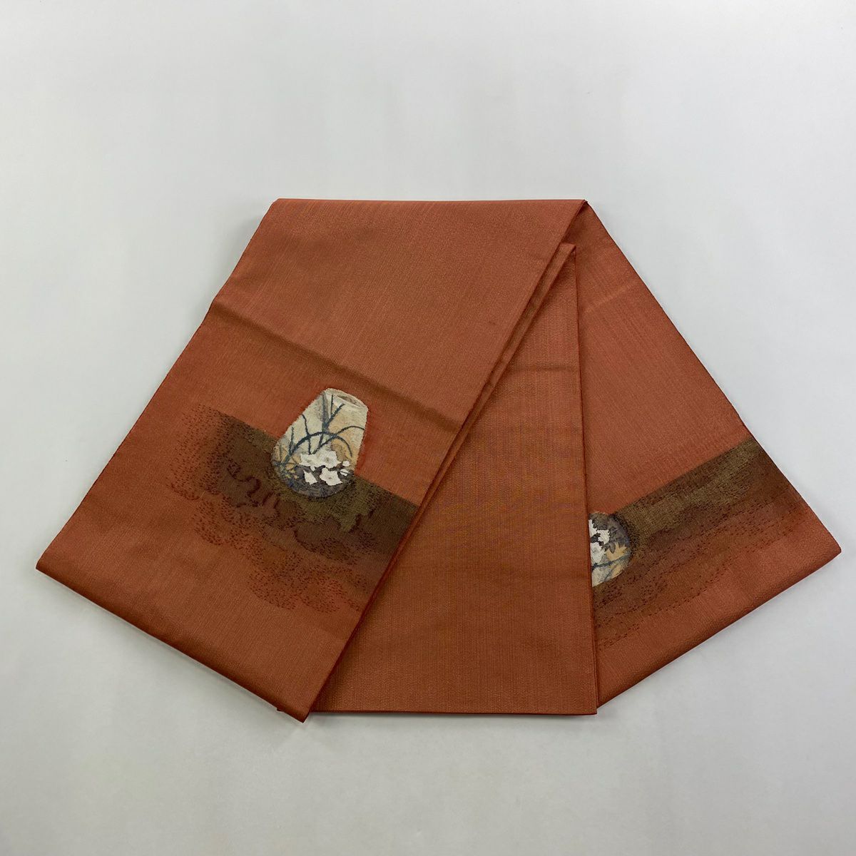 【美品】 袋帶 秀品級 有落款 器物 桔梗 金絲 金金箔 茜 紅色 お太鼓圖案 純蠶絲