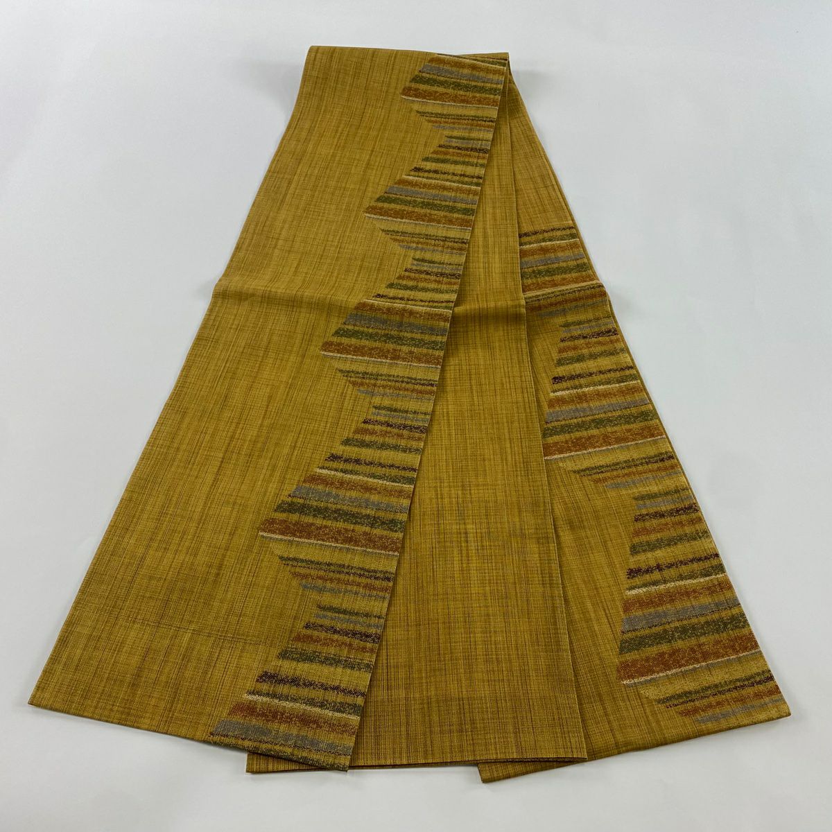 【美品】 袋帶 秀品級 縞 幾何學圖案 金通 山吹茶 純蠶絲 お太鼓柄