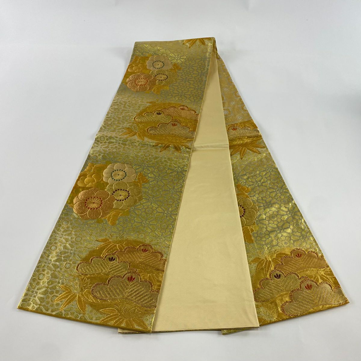 袋帶 秀品級 松樹竹子梅花 蜀江文 金絲 金金箔 金色 六通 純蠶絲