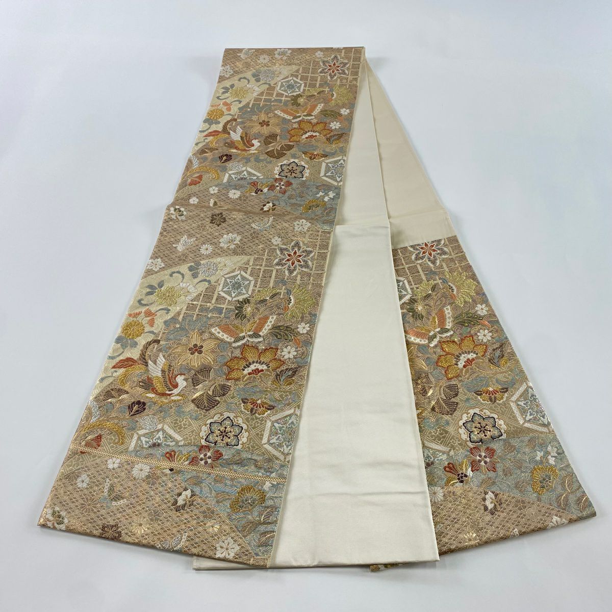 袋帶 秀品級 鳥蝶地紋 華紋 金糸 金金箔 灰茶 六通 純蠶絲