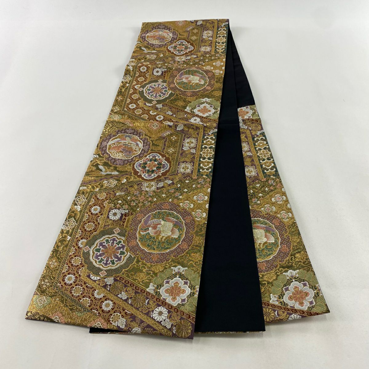 【庫存清倉】 【美品】 袋帶 名品級 じゅらく 有落款 華紋 花鳥 唐織 金絲 金色 六通 純蠶絲