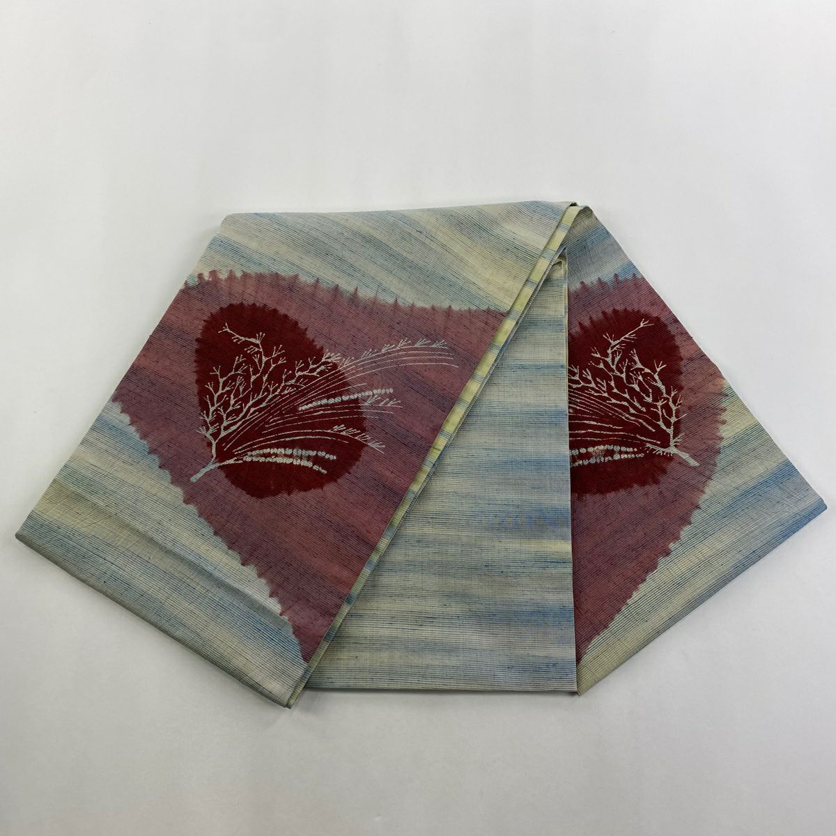 袋帶 秀品級 紬織織 樹木 縞 青灰 深藍色 お太鼓圖案 純蠶絲
