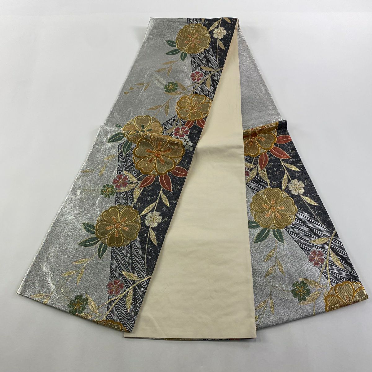 【美品】 袋帶 秀品級 櫻花 流水 金絲 金金箔 銀 純蠶絲