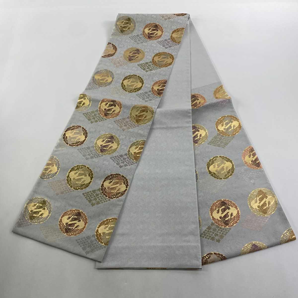 【庫存清倉】 【美品】 袋帶 名品級 向鳥 花菱 金金箔 灰色 六通 純蠶絲