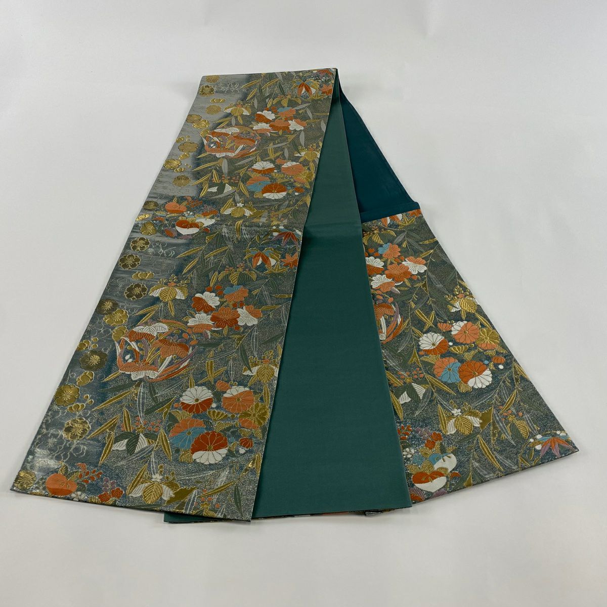 【美品】 袋帶 秀品級 菊花 桐 金金箔 金絲 灰色 六通 純蠶絲