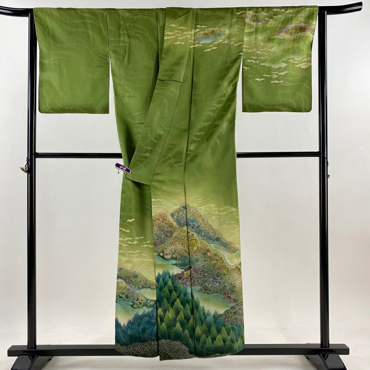 訪問服 身長153cm 袖長65cm M 雙層 吉乃一廉 落款あり 辻花染 樹木 銀通 金銀彩 漸層 よもぎ色 純蠶絲 逸品級