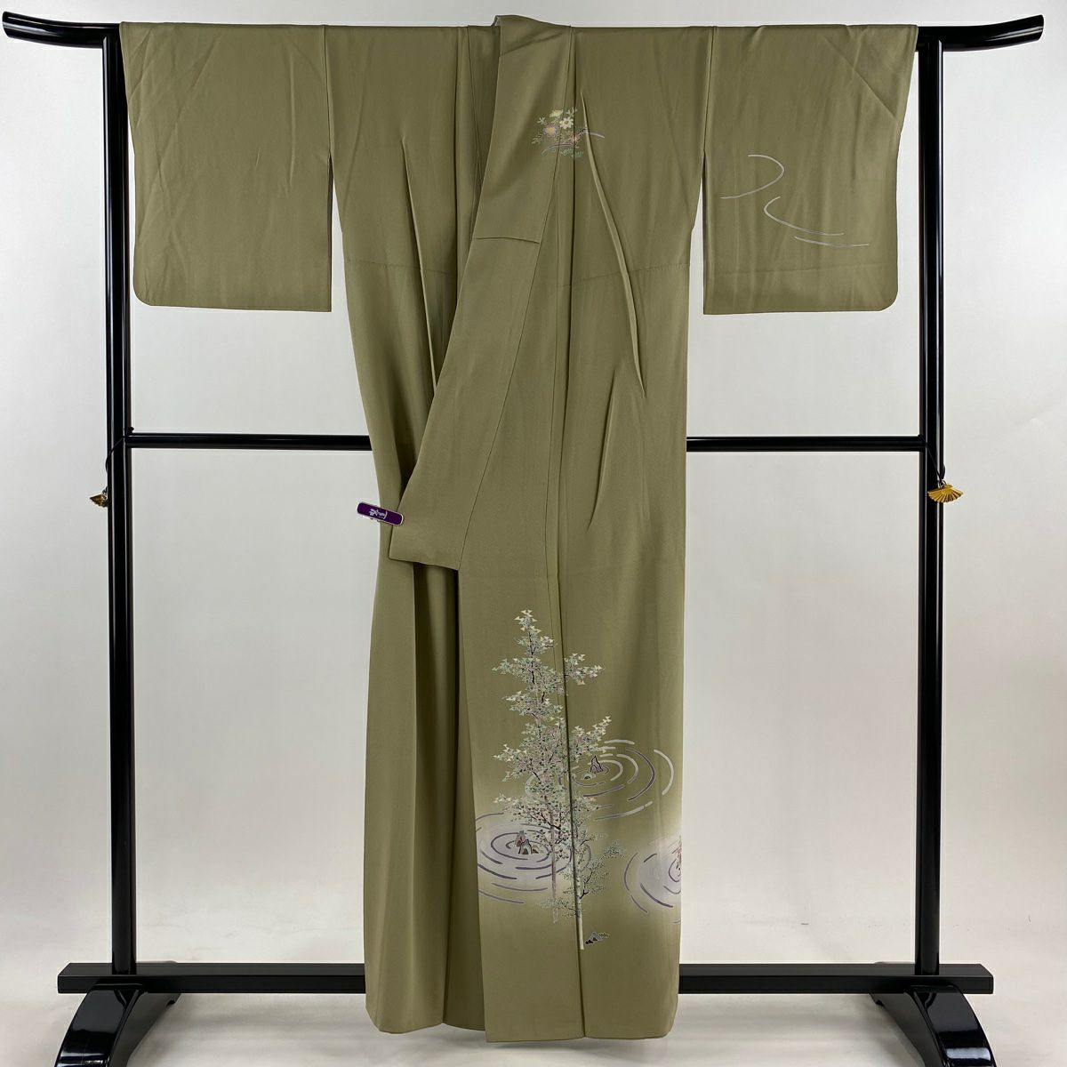 訪問服 身長157cm 袖長63cm S 雙層 岡本幸治 落款あり 枯山水 樹木 漸層 灰綠 純蠶絲 逸品級 一つ紋