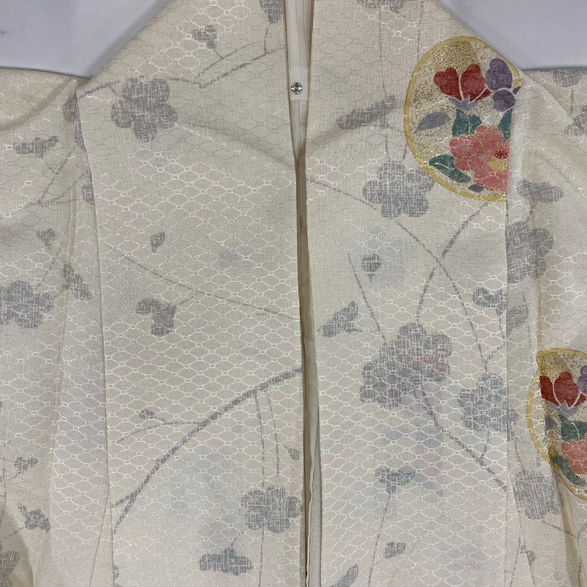 小紋 身長157cm 袖長63cm S 單層 草花紋紋 枝梅花 金彩裝飾 奶油色 純蠶絲 優品級