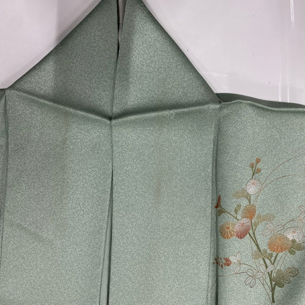 訪問服 身長154cm 袖長62cm S 單層 扇子面 菊花花 刺繡 金銀彩 淺綠 純蠶絲 優品級