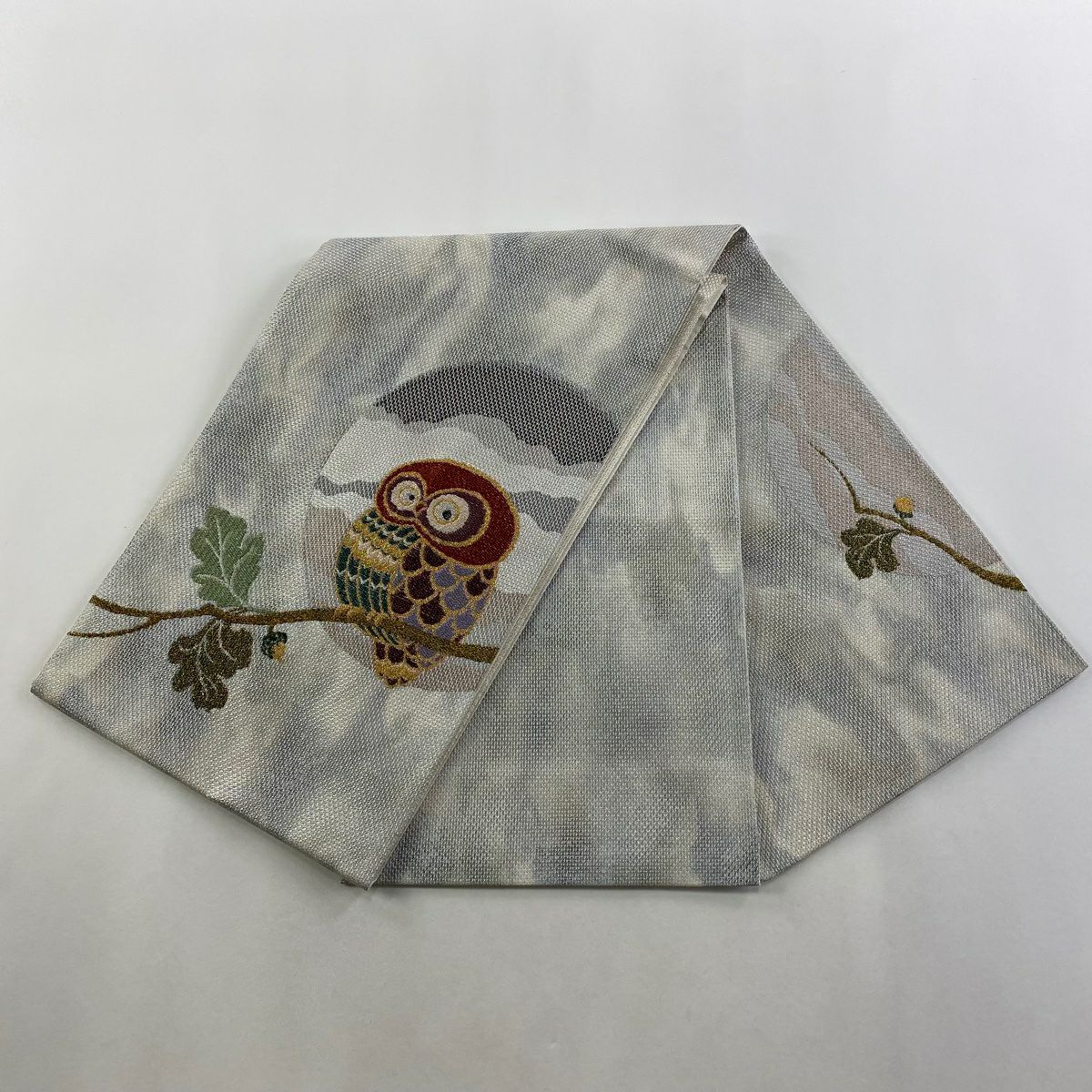 【美品】 袋帶 逸品級 貓頭鷹 枝葉 銀線 金金箔 銀 お太鼓圖案 純蠶絲