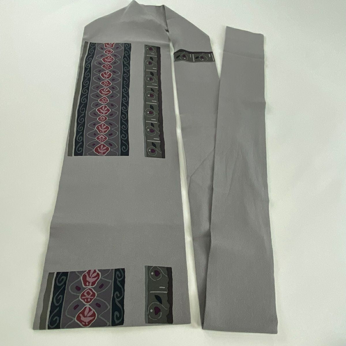 名古屋帶 秀品級 幾何圖案 縮緬 灰紫 純蠶絲