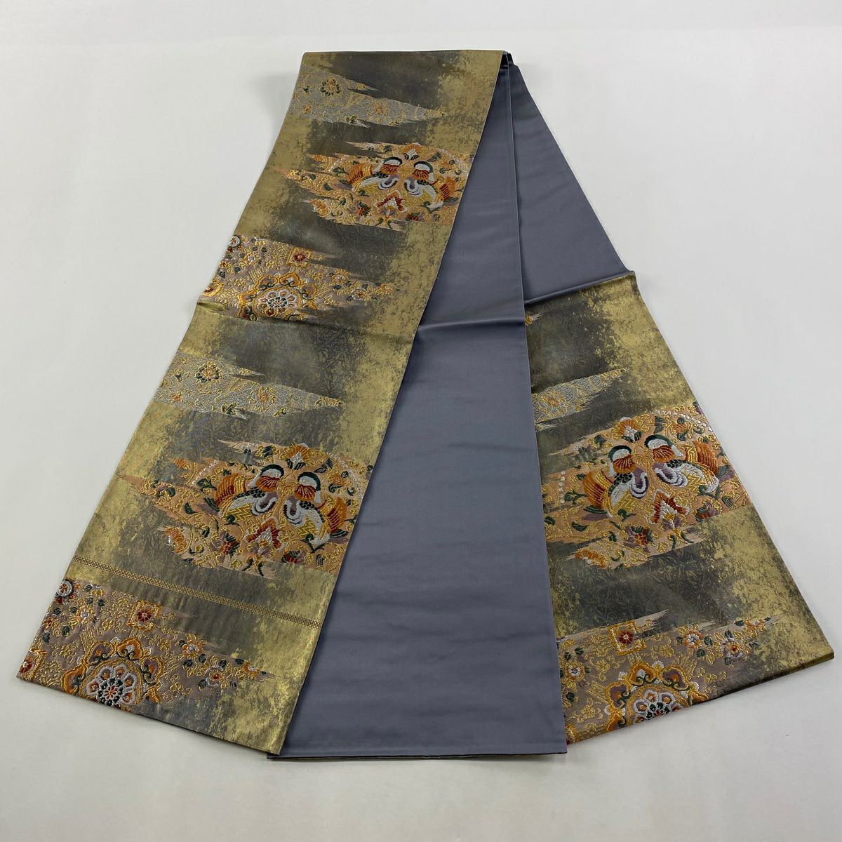 【美品】 袋帶 秀品級 向鳥 草花紋 金銀彩 金金箔 灰紫 六通 純蠶絲