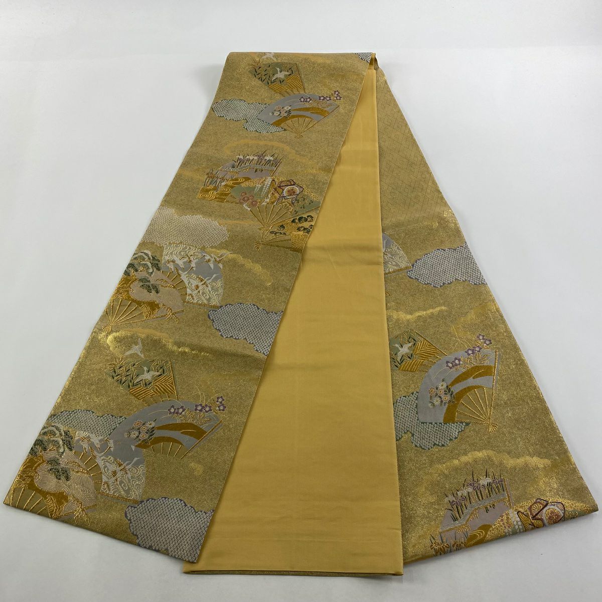 【美品】 袋帶 秀品級 扇子子 御所車 金絲 金金箔 金色 六通 純蠶絲